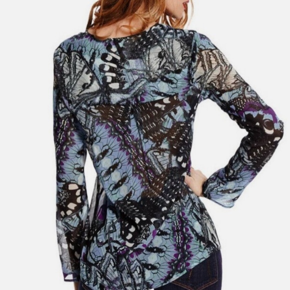 Marciano Blouse Silk Fairy Butterfly print Abstract Sheer Blue Black XS - Picture 13 of 13